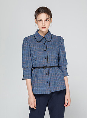 Piping Checked Blouse Navy (Belt Set)
