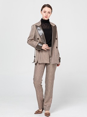 Two-tone Leather Belted Pants Beige