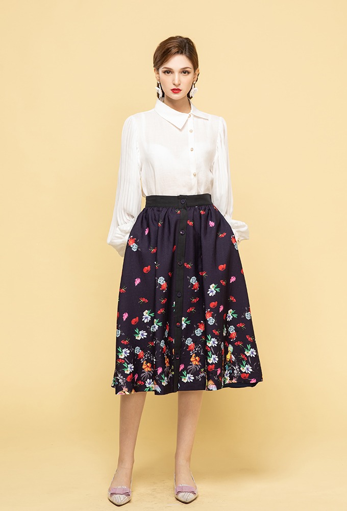 Flower Pattern Skirt Navy
