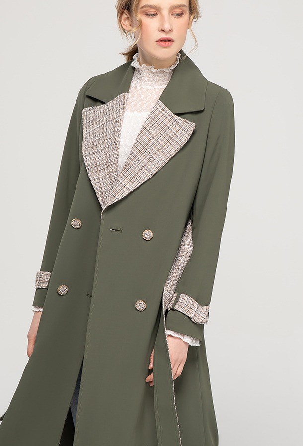 [Star★pick! ]Tweed Trench Coat Khaki