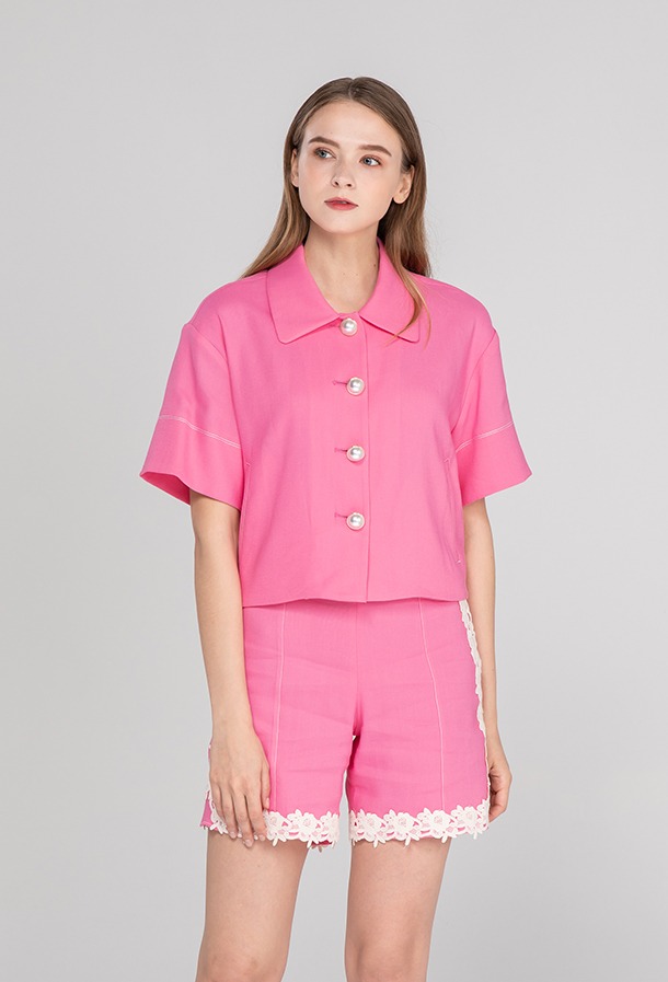 Linen Short-Sleeve Jacket Pink
