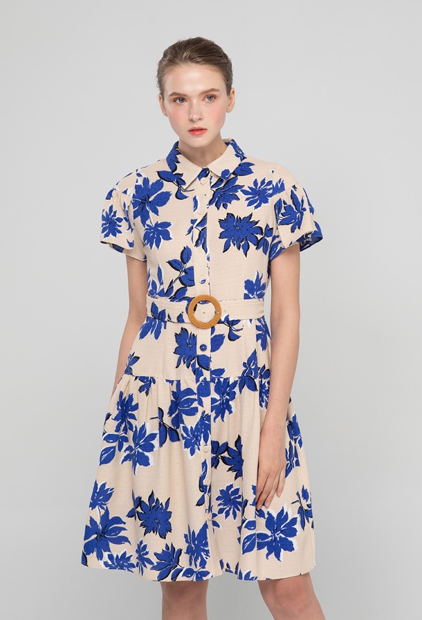 Flower Shirring Dress Beige