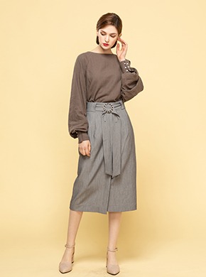 [Star★pick! ]Tunnel Belted Skirt Gray