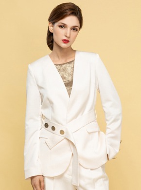 Gold Button Belted Jacket White