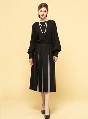 Two-tone Pleats Skirt Black