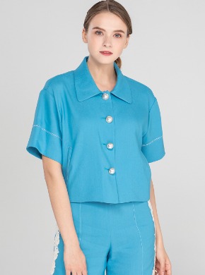 Linen Short-Sleeve Jacket Blue